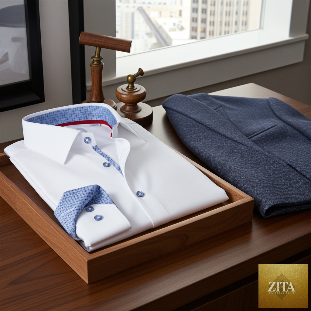 White Edward cotton knit-stretch button-up shirt with contrast details, tailored fit, from LEVINAS® Official, shown on a model.