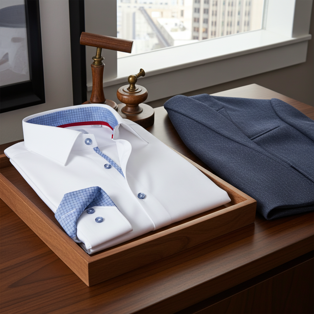 White Edward cotton knit-stretch button-up shirt with contrast details, tailored fit, from LEVINAS® Official, shown on a model.