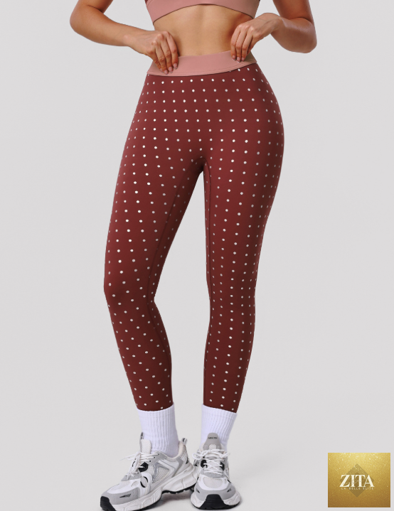 Nude feel high elastic polka dot printed yoga leggings from Wanita Store, designed for outdoor training, running, and hip raise workouts.