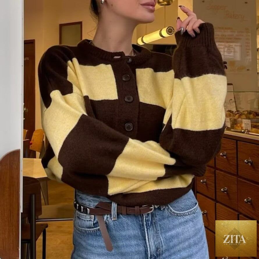 Zita La Belle Elite spring casual loose round neck striped knit pullover, lightweight and comfortable for everyday wear.