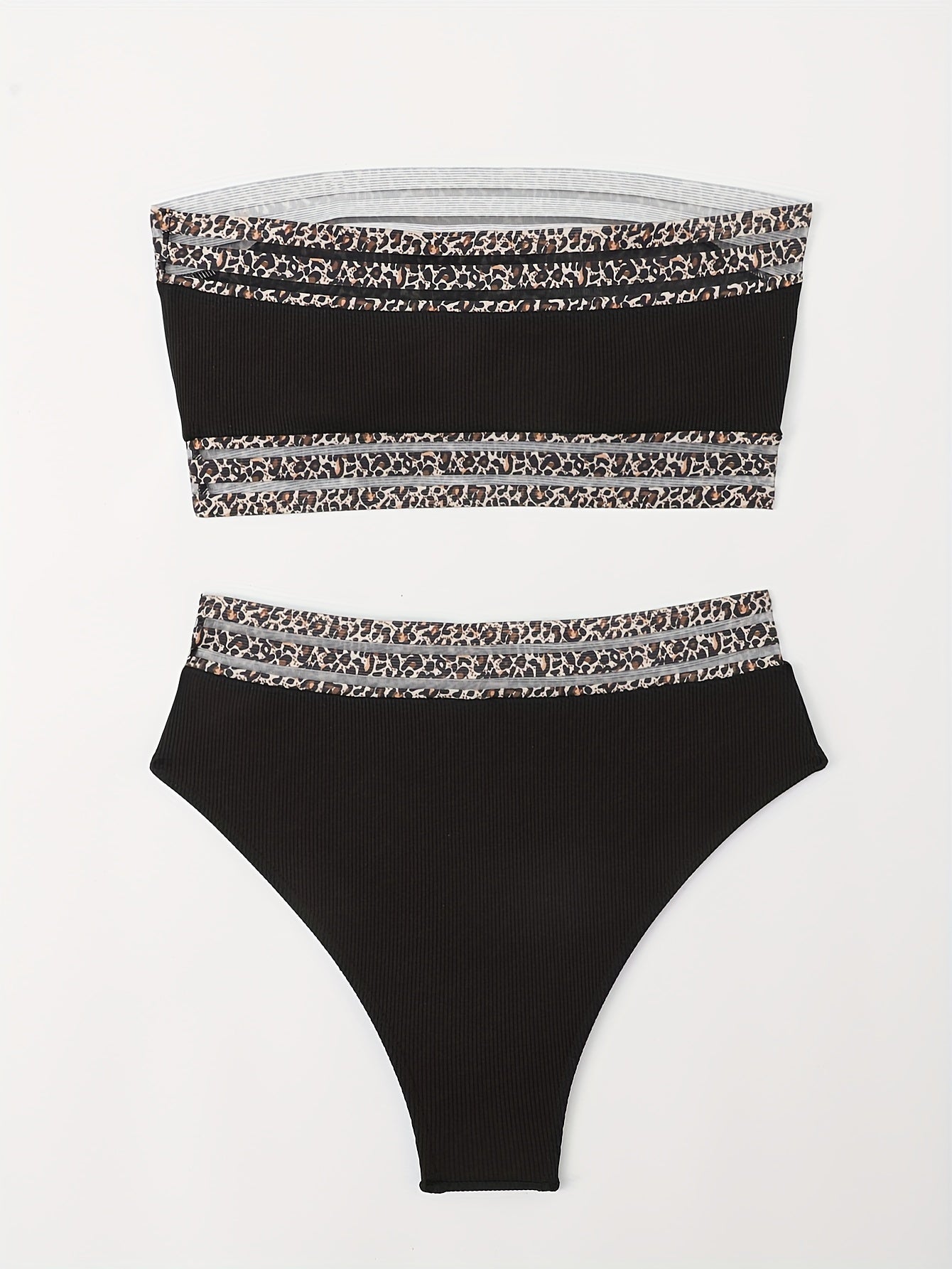 Stevvex leopard print high waist bandeau bikini set with mesh detail, perfect for beach, pool, and summer vacations.