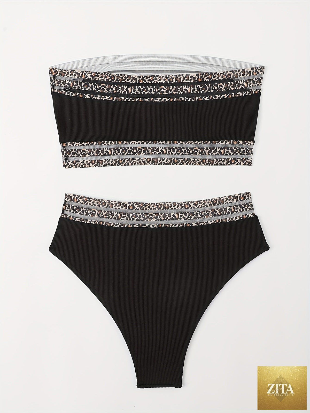 Stevvex leopard print high waist bikini set with mesh detail, showcasing a flattering fit and chic animal print swimwear design.