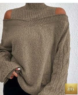 Women’s elegant off-shoulder turtleneck sweater by FitiqueFit, long sleeve knit top perfect for casual wear, shown in natural fit and style.