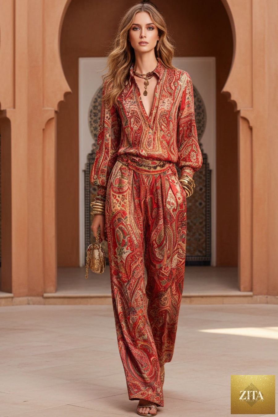 Women's Paisley Print Deep V Fringe Blouse & Wide-Leg Palazzo Pants Set