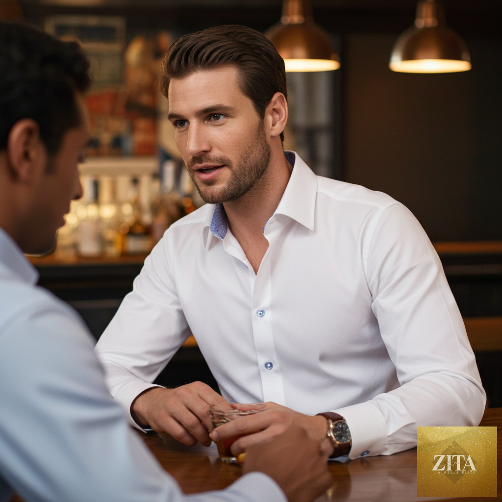 Levinás official white cotton knit-stretch button-up shirt with contrast details, tailored fit, and long sleeves.
