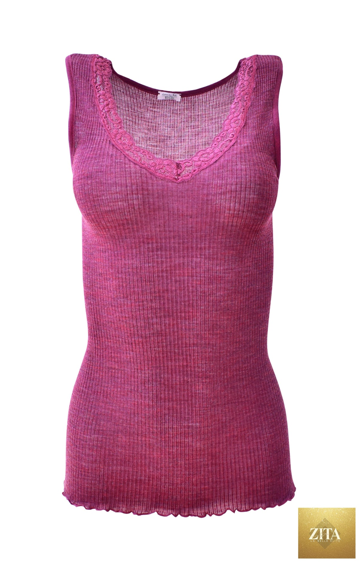 Tittimitti EGI luxury wool silk tank top with lace trim, made in Italy, featuring a stylish, soft fabric design.