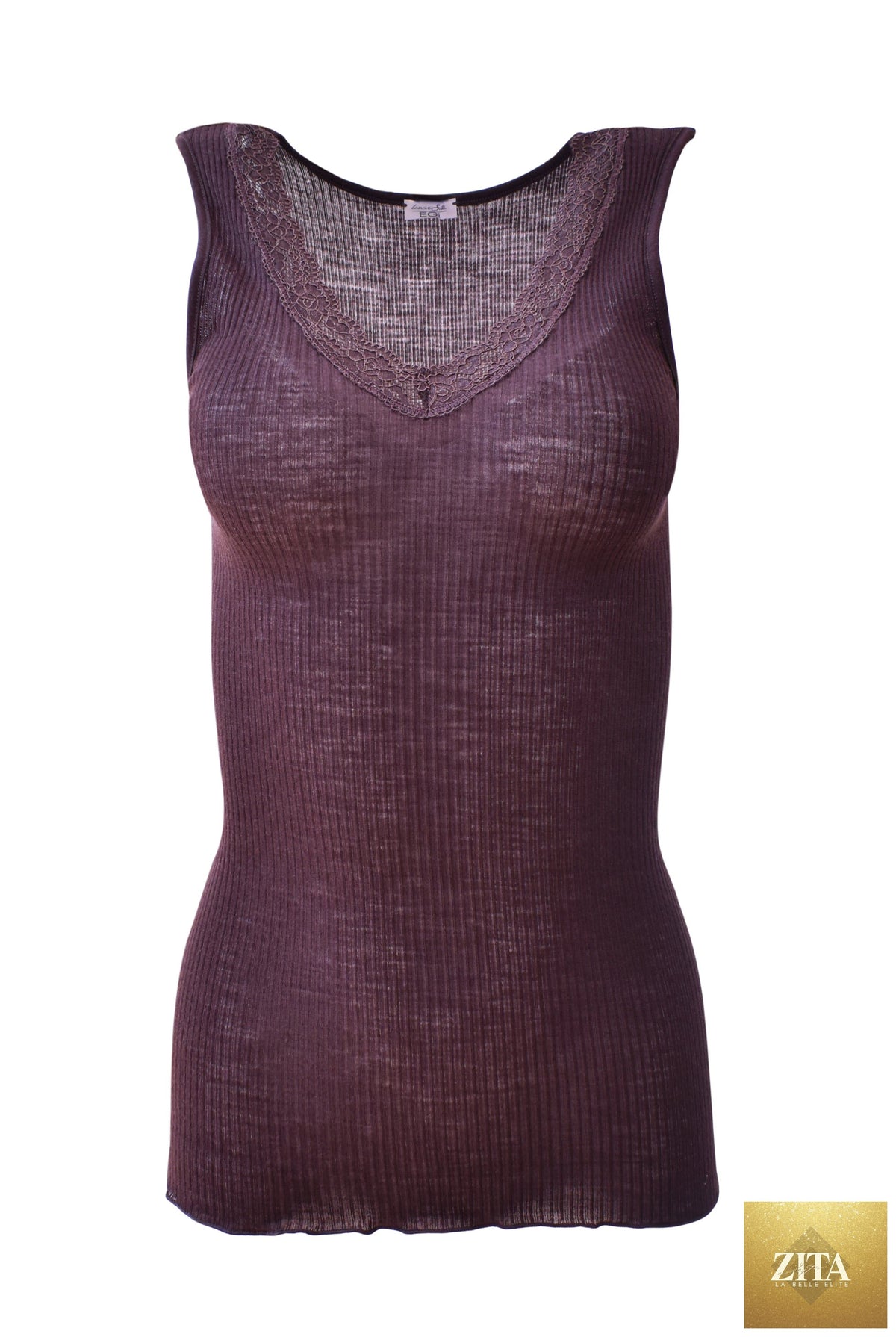 Tittimitti EGI luxury wool silk tank top with lace trim, made in Italy, featuring a smooth fabric and elegant design.