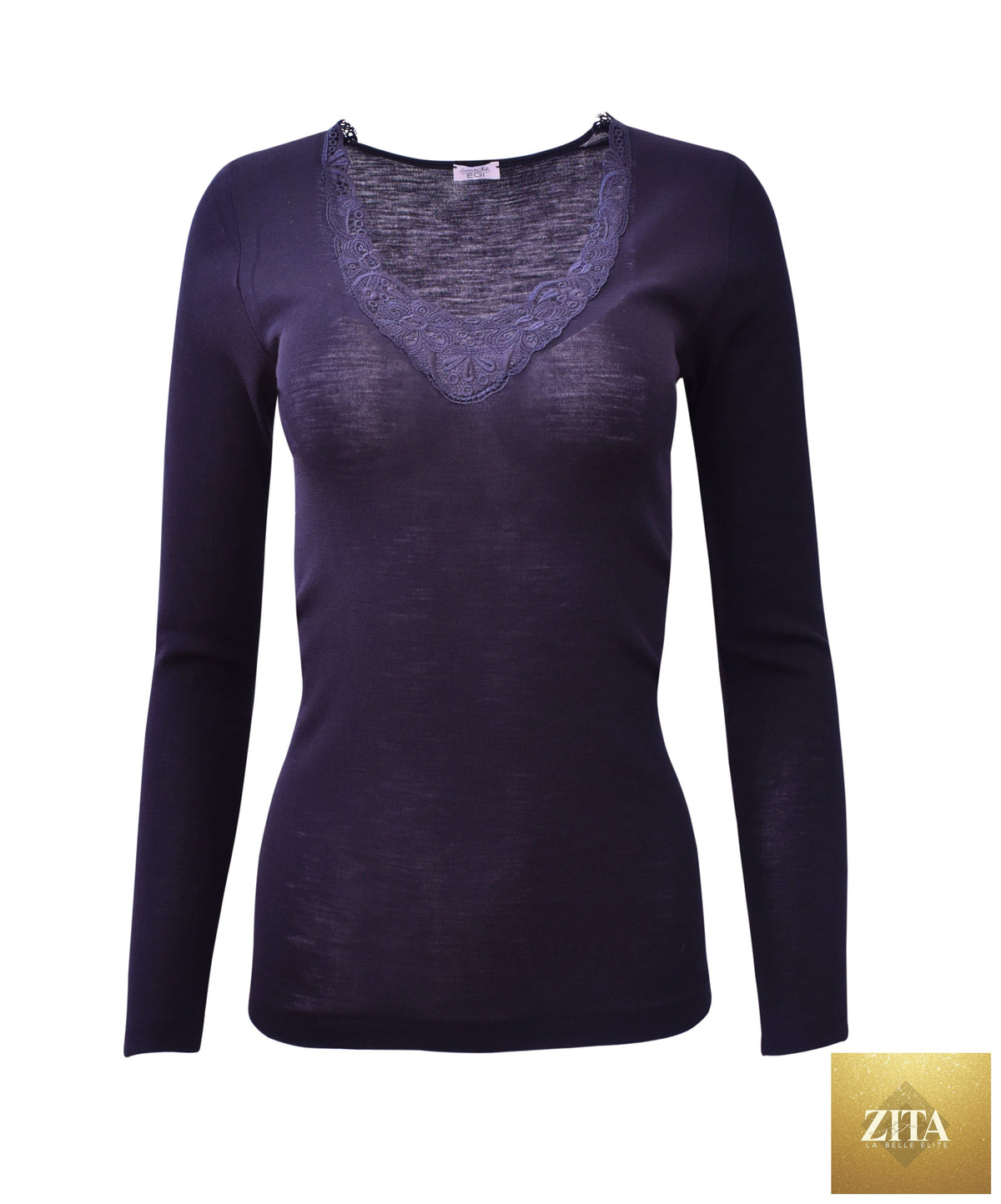 Black EGI Luxury Merino Wool Silk women's long sleeve T-shirt with macramé trim, made in Italy by tittimitti.