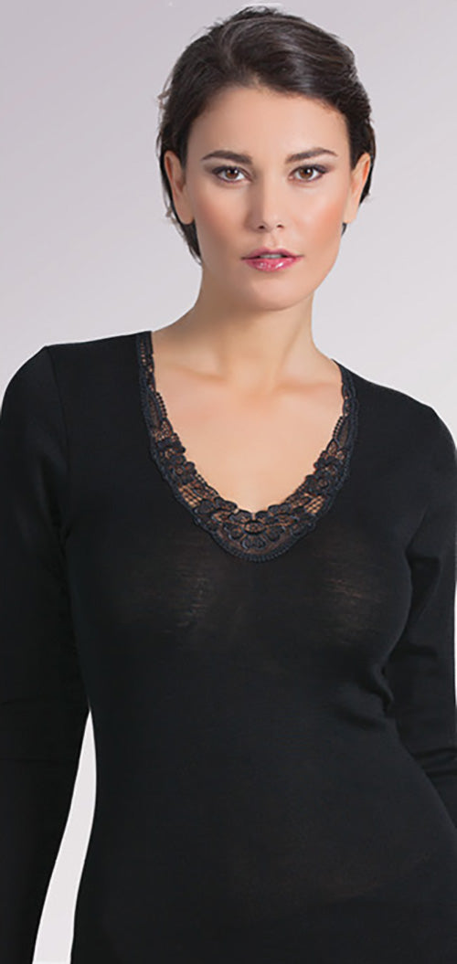 EGI Luxury Merino Wool Silk Women's Macramé Trimmed Long Sleeve T-Shirt . Proudly Made in Italy (148)