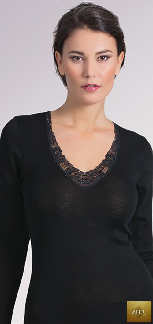 Egi luxury merino wool silk women's long sleeve T-shirt with macramé trim, made in Italy, by Tittimitti.