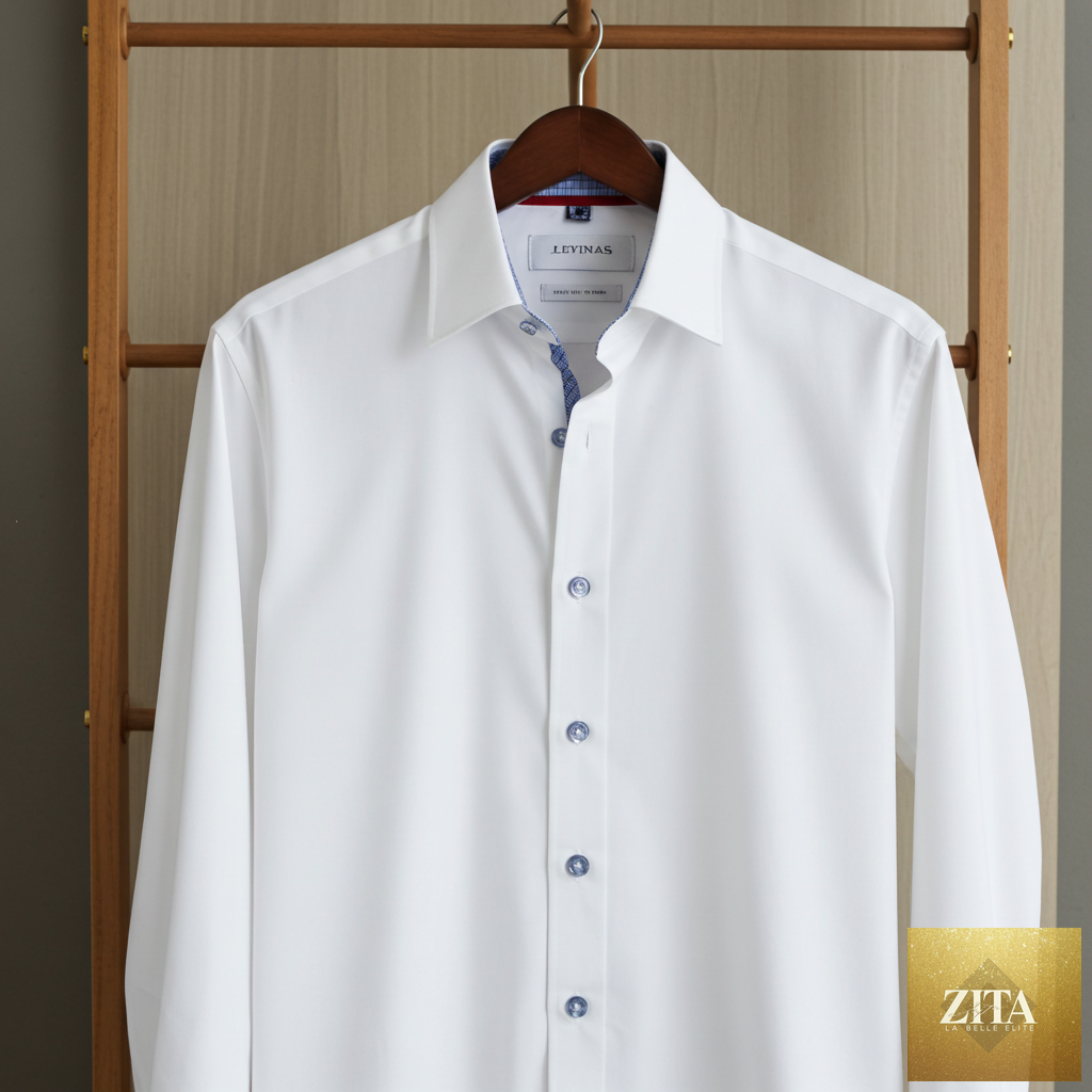 White LEVINAS® cotton knit stretch button-up shirt with contrast details, tailored fit, and classic design.