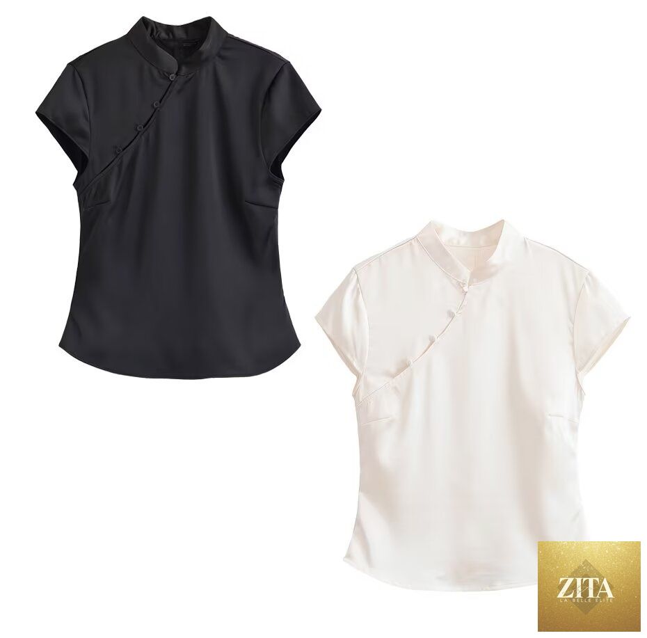 Spring women's silk satin top with sexy button decoration, stylish and elegant, perfect for fashionable spring outfits.