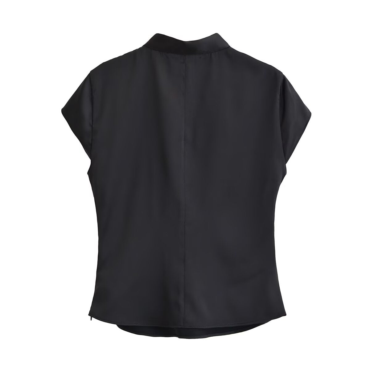 Spring women's silk satin top with sexy button decoration, stylish and elegant for fashionable spring wear.