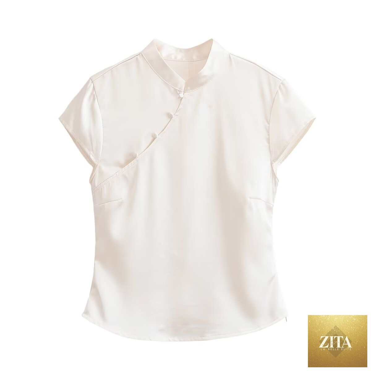 Spring women's silk satin top with sexy button decorations, stylish and elegant women's fashion blouse.