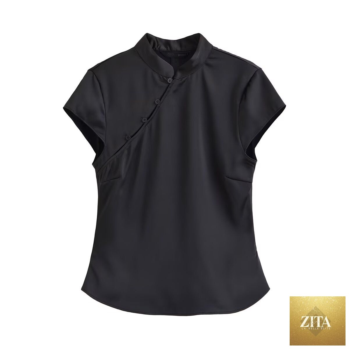 Spring women's silk satin top with sexy button decoration, stylish and elegant, featuring a smooth, shiny fabric and feminine design.