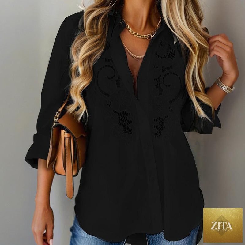 Women’s contrast lace long-sleeve button-down blouse by FitiqueFit, casualwear top featuring lace details and a classic collar.