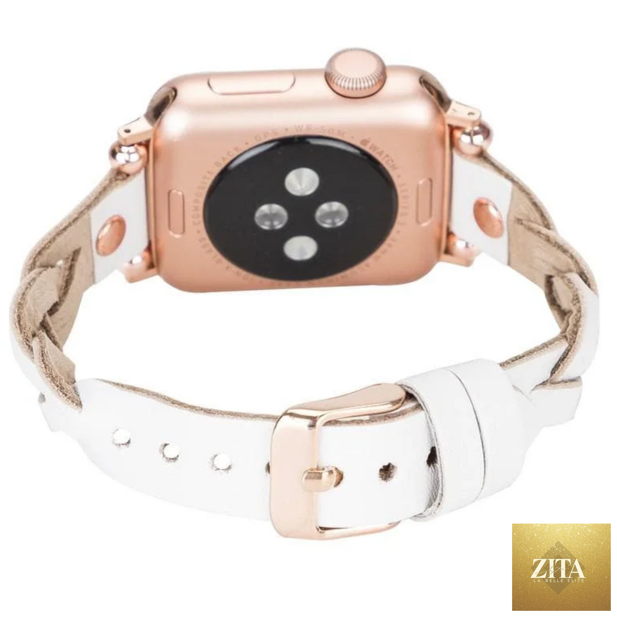 Leather Apple Watch braided band in white from LEATHERE, featuring a stylish woven design for a comfortable fit.
