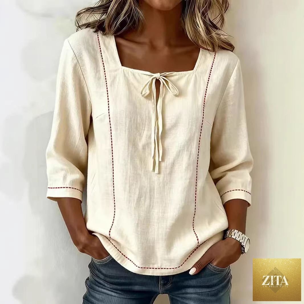 Printed lace-up square-neck casual shirt with three-quarter sleeves, made from ramie fabric by Zita La Belle Elite