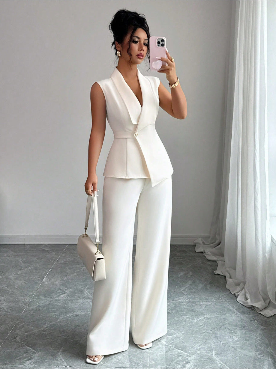 Women's sleeveless blazer and straight-leg pants two-piece set from FitiqueFit, casualwear outfit with a tailored fit and neutral color.