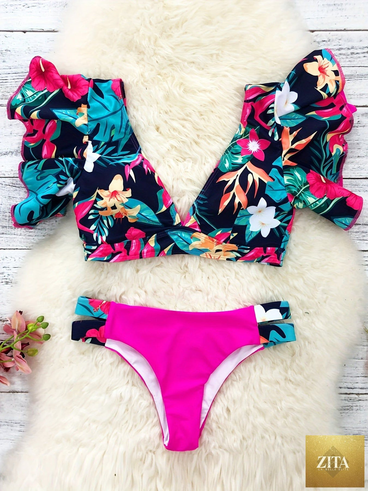 Stevvex Bloom Day Ruffle Bikini Set featuring a chic plant print, V-neck design, tie-back, and high-stretch ruffle trim for women.