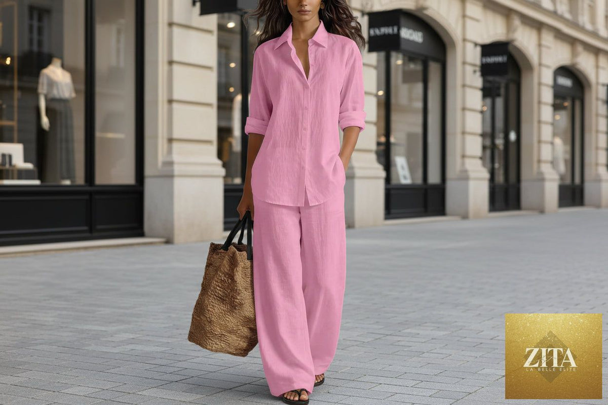 Zita La Belle Elite women's bohemian cotton-linen top and pants set, casualwear resort lounge co-ord, styled for relaxed comfort.
