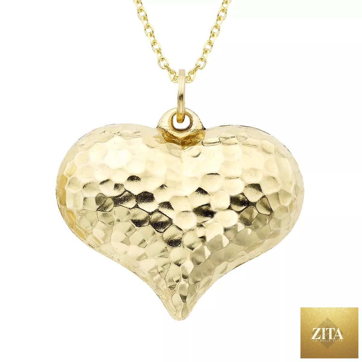 14k gold puffy hammered heart charm necklace with 18-inch chain from BandsCo Straps, jewelry and watches accessory.