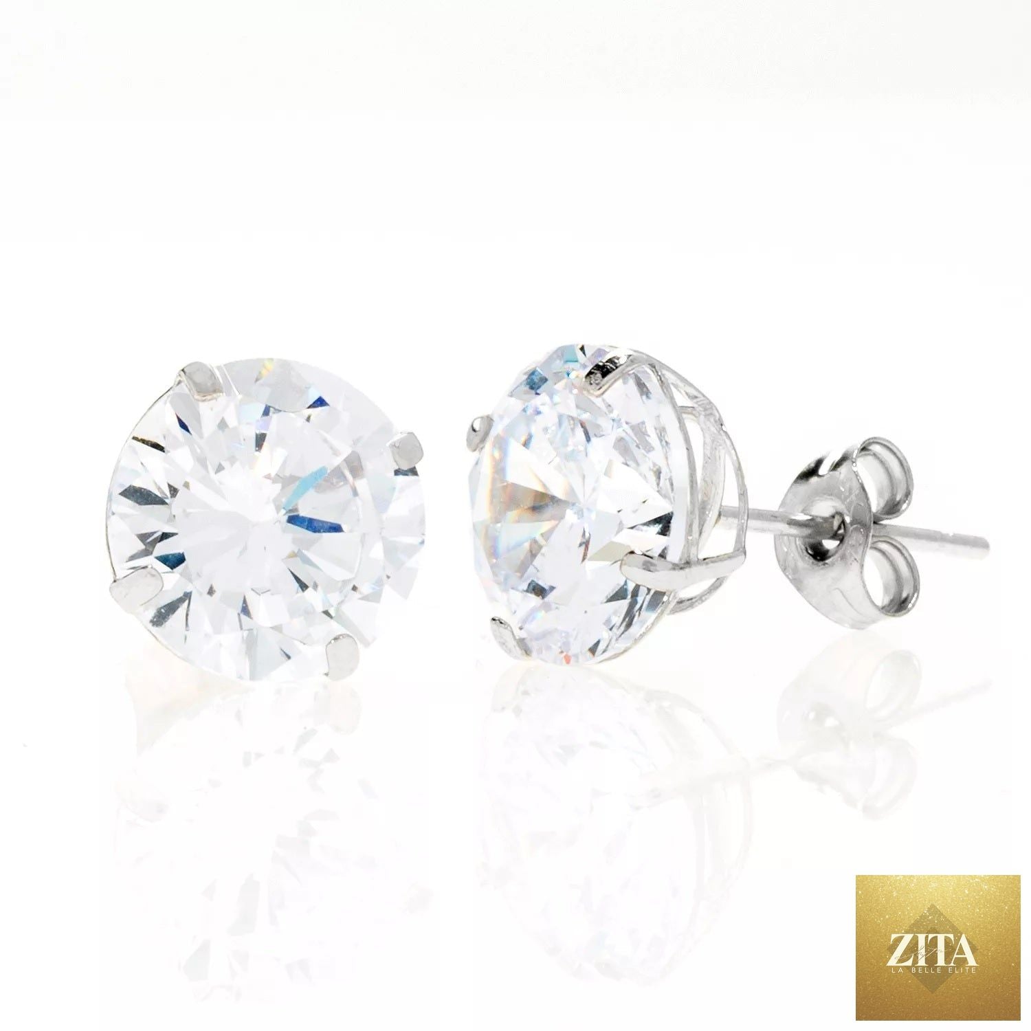 14K white gold simulated diamond round stud earrings with elegant sparkle and classic style.