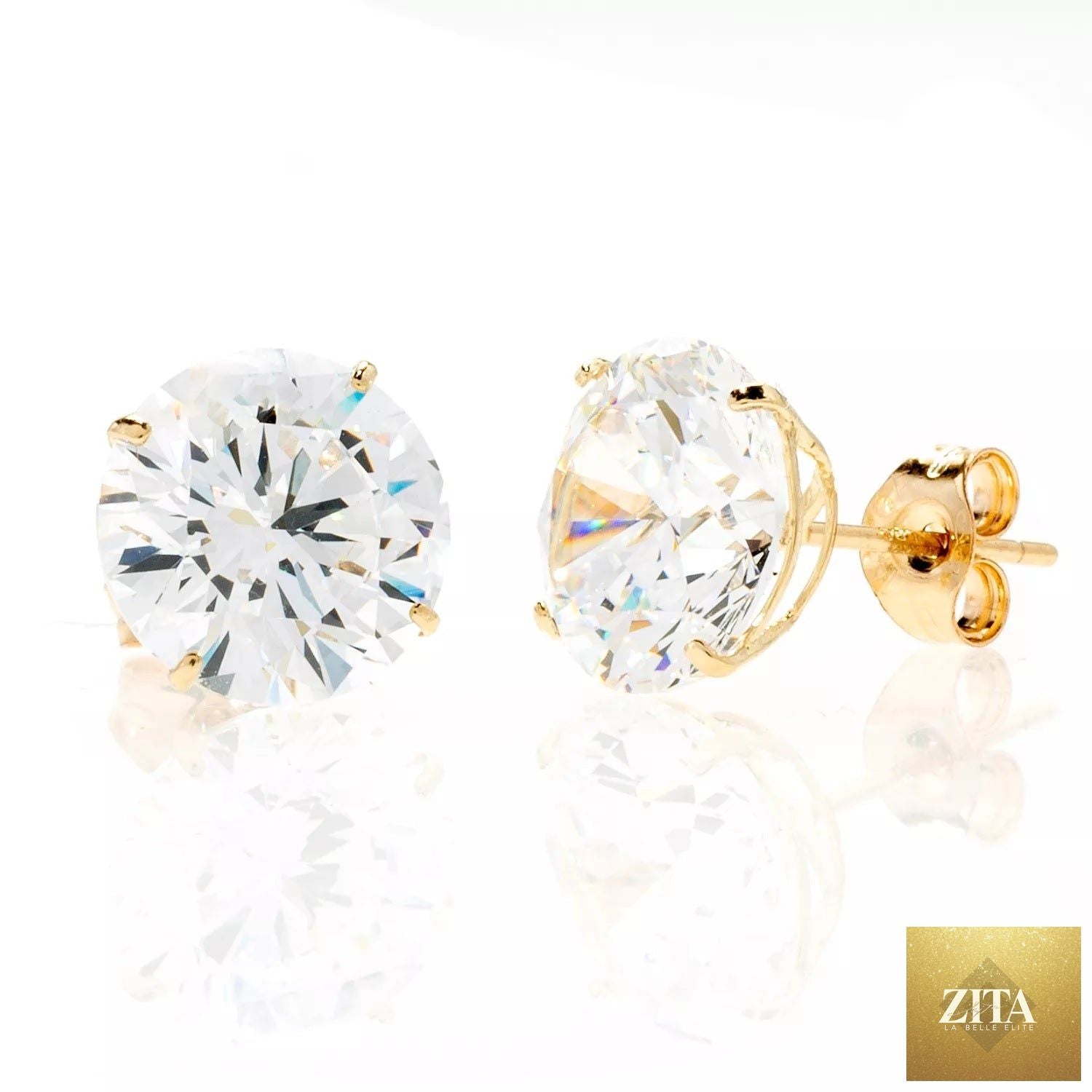 14K yellow gold simulated diamond round stud earrings with brilliant sparkle, elegant jewelry piece.
