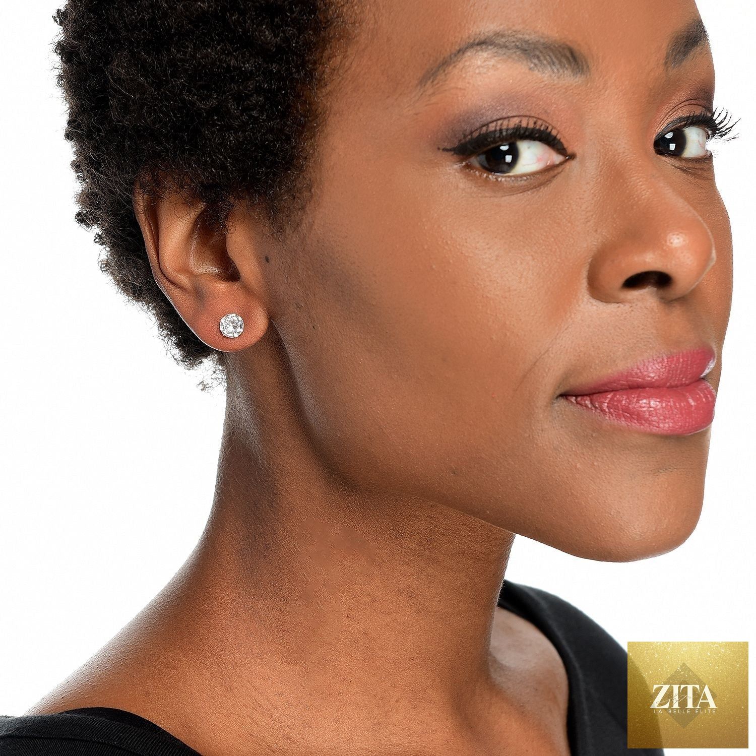 14K yellow gold simulated diamond round stud earrings worn by a model, showcasing elegant jewelry and classic design.