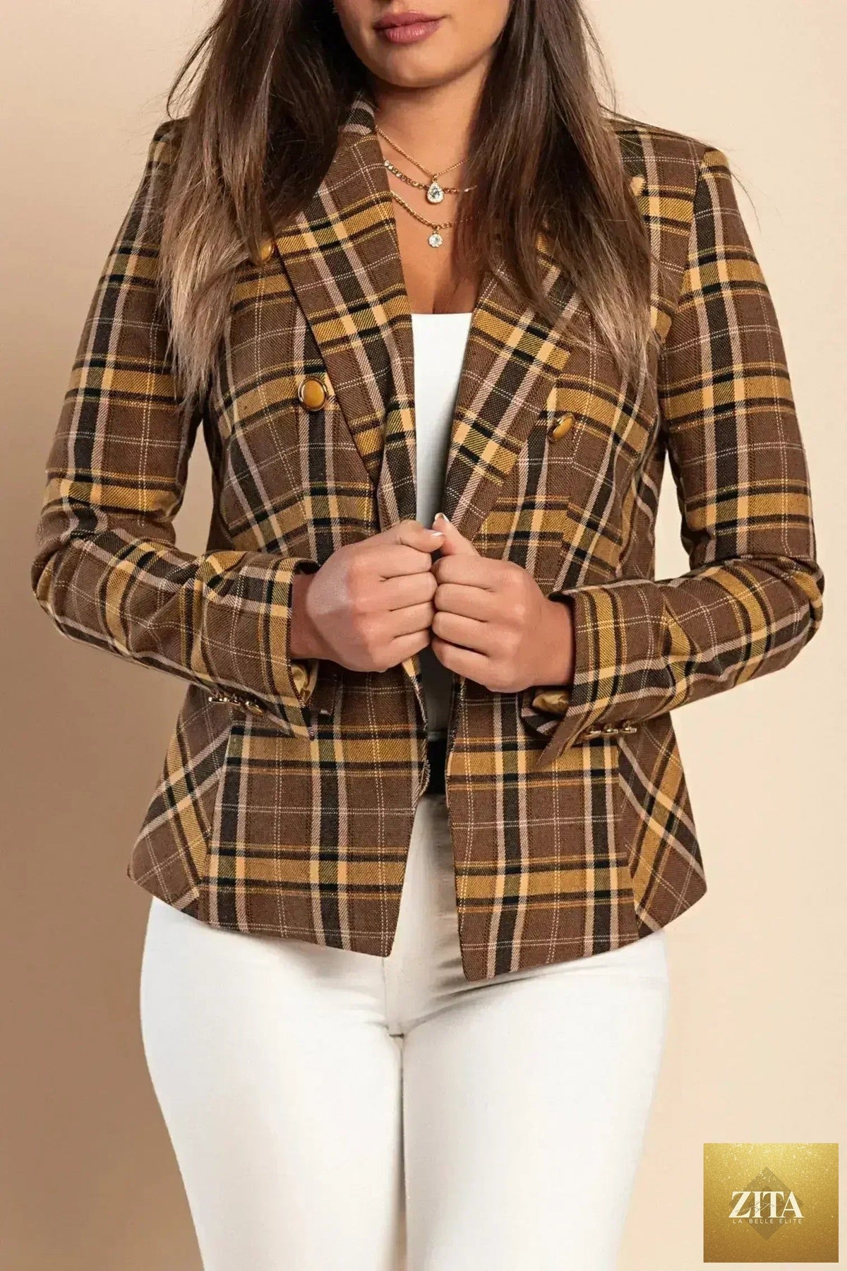 Women's brown plaid Chiarana blazer with mustard accents by Femstylo, Italian-made, stylish tailored jacket with lapel collar.