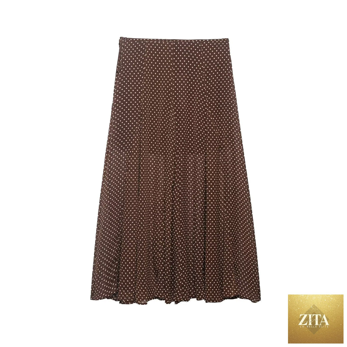 Elegant polka dot midi skirt for women, perfect for spring fashion, from Wanita Store, shown on a model.