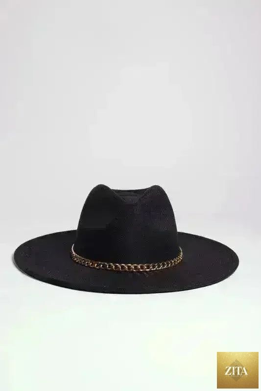 Femstylo chain belt fedora hat in suede-like polyester with a wide brim and stylish chain detail, perfect for fashion accessories.