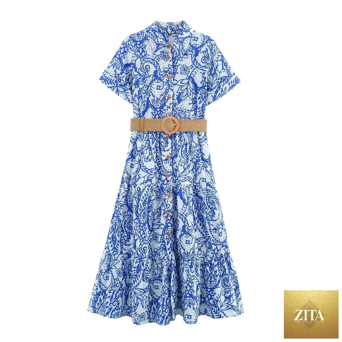 Women’s summer office embroidery dress with belt by Ragazza, featuring stylish embroidery and a comfortable fit.