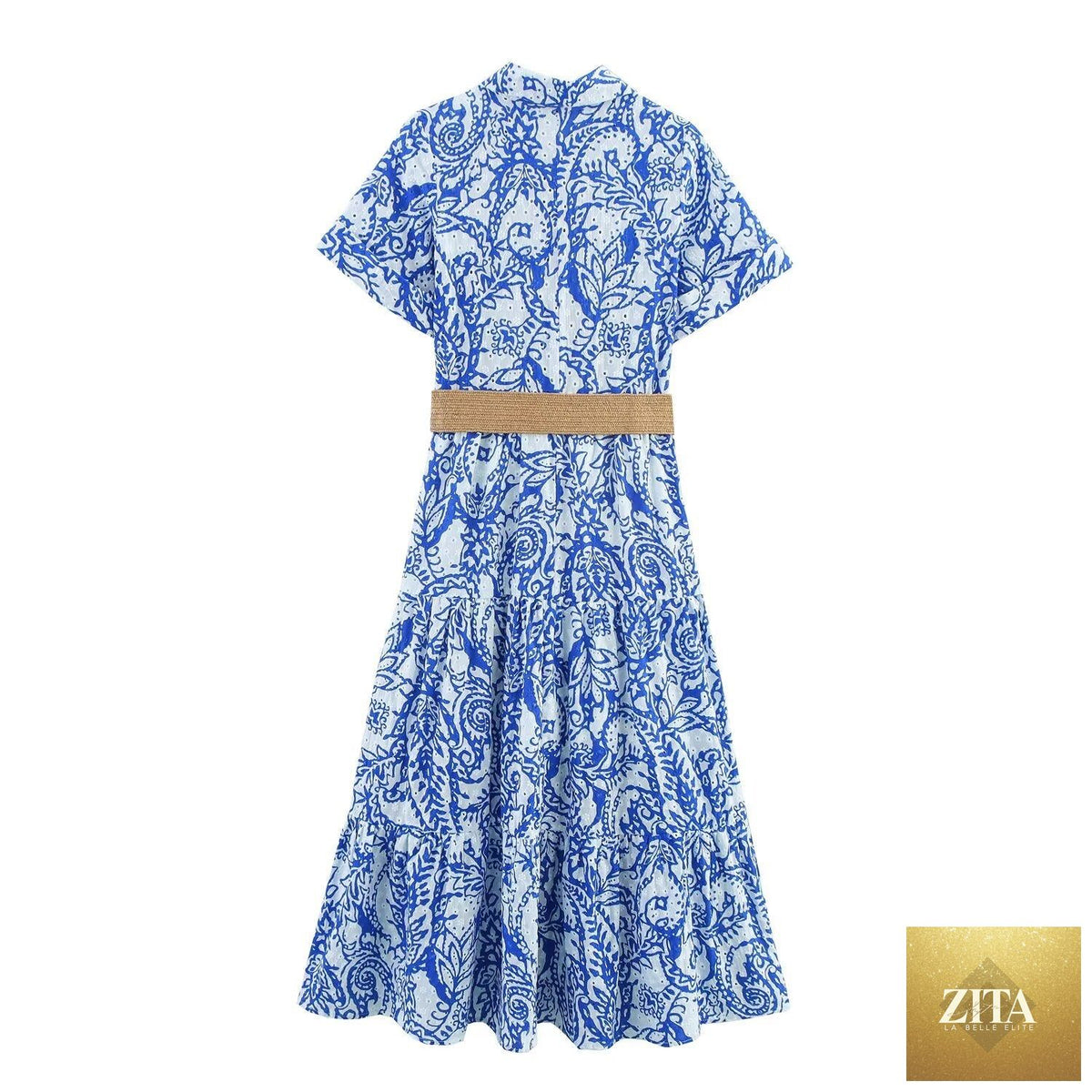 Women’s summer office embroidery dress with belt, stylish and comfortable, by Ragazza.