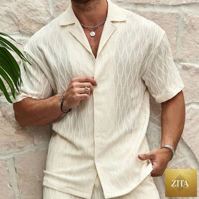 Mandotos men's summer tracksuit with relaxed fit lapel shirt and shorts, perfect as a beach cover-up swimsuit.