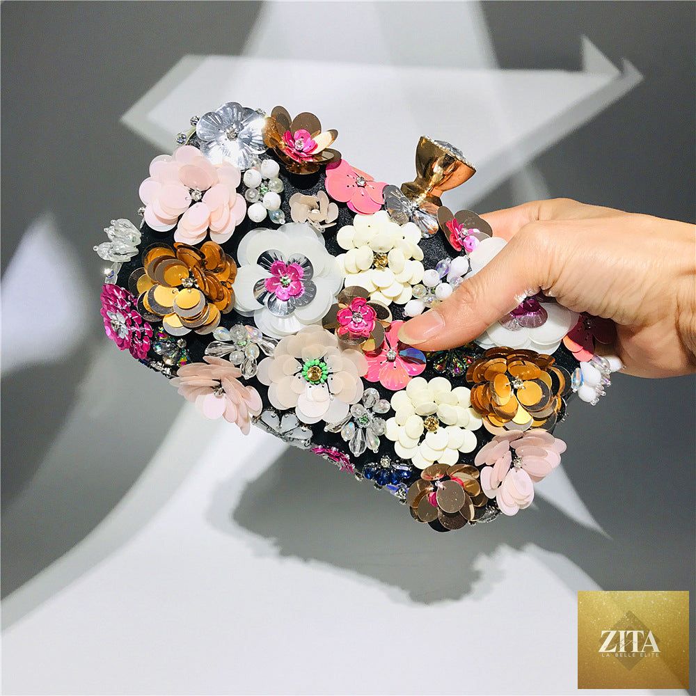 Colorful floral clutch purse for women, elegant evening bag with floral design, ideal for formal parties by SHOMICOBOUTIQUE