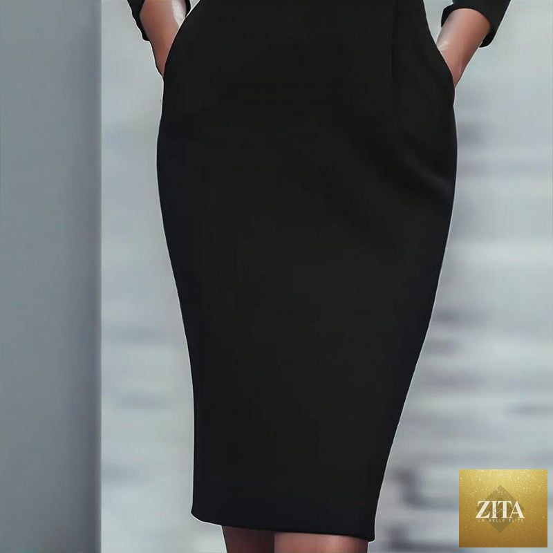 Women’s black FitiqueFit bodycon midi dress for casual wear, shown on a model with a fitted silhouette and short sleeves.