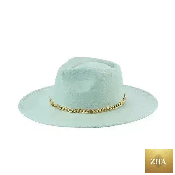 Femstylo chain belt fedora hat made of soft suede-like polyester, featuring a stylish chain belt detail and classic fedora shape.
