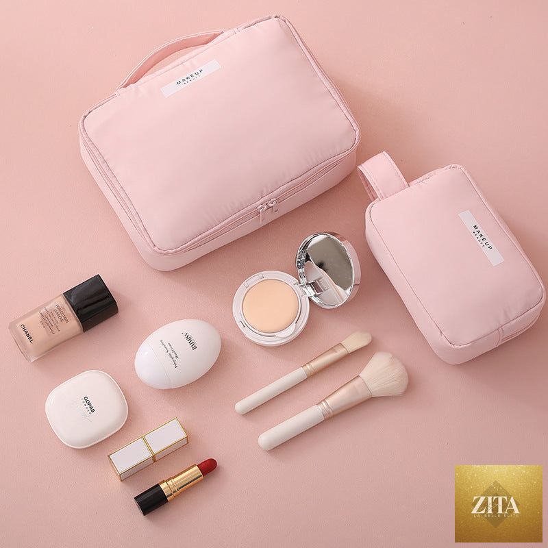 Travel cosmetic and toiletry organizer bag by Social Buzz eSIMs, showing multiple compartments for toiletries and makeup.