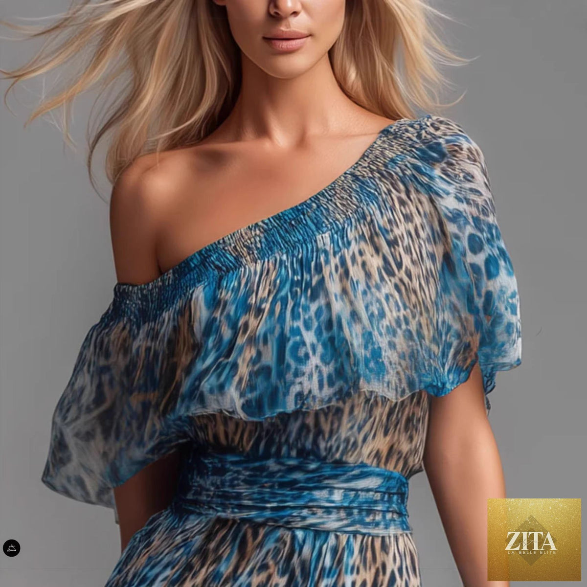 Peacock blue leopard print chiffon off-shoulder boho A-line dress by FitiqueFit, casualwear with flowing fabric and off-shoulder design.