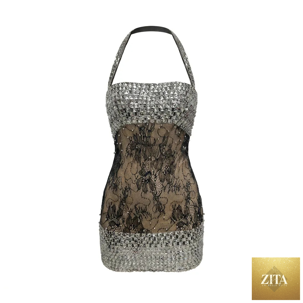 Sexy summer dress by Bella Mia featuring rhinestone sequins, halter straps, lace floral surface, perfect for warm-weather occasions.