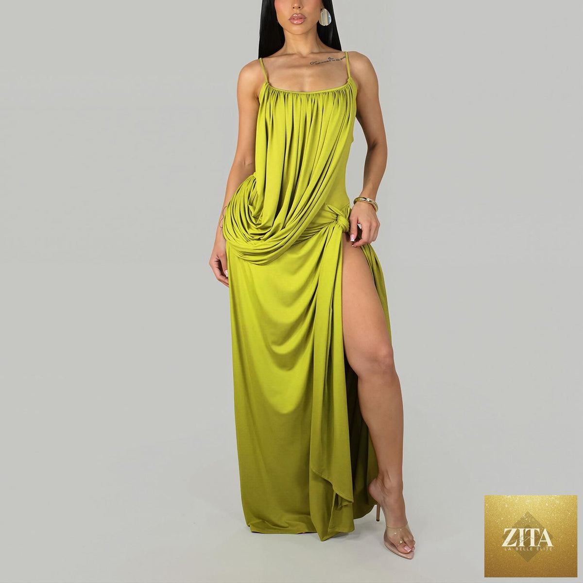 Women’s Bella Mia sexy suspender dress with twisted waist, split design, embellished details, solid color, perfect for cocktail occasions.