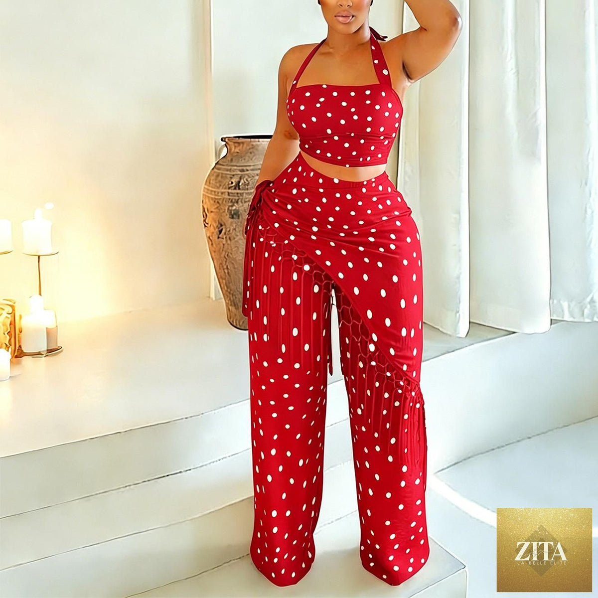 Women’s casual polka dot wide-leg pants set with tassel details, featuring lightweight, comfortable Bella Mia bottoms.