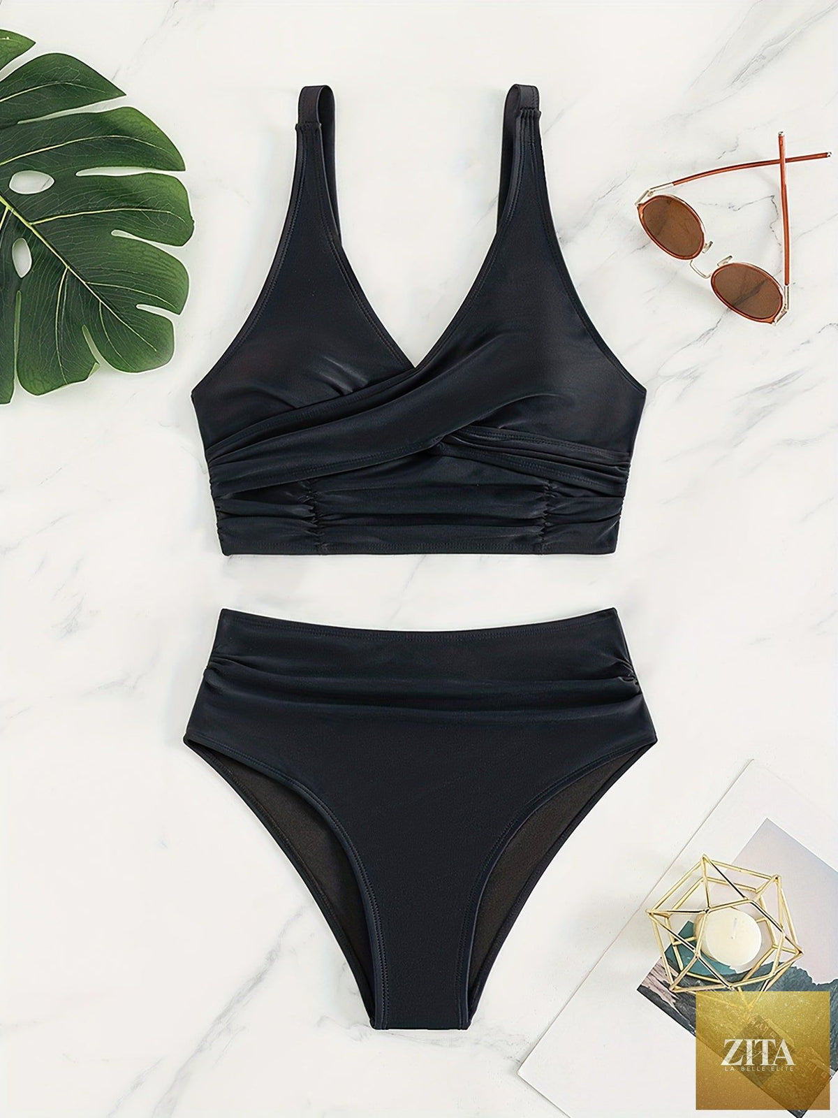 Stevvex black bikini set with twist front, high waist, ruched tummy control, cross strap detail, quick-drying polyamide swimwear.