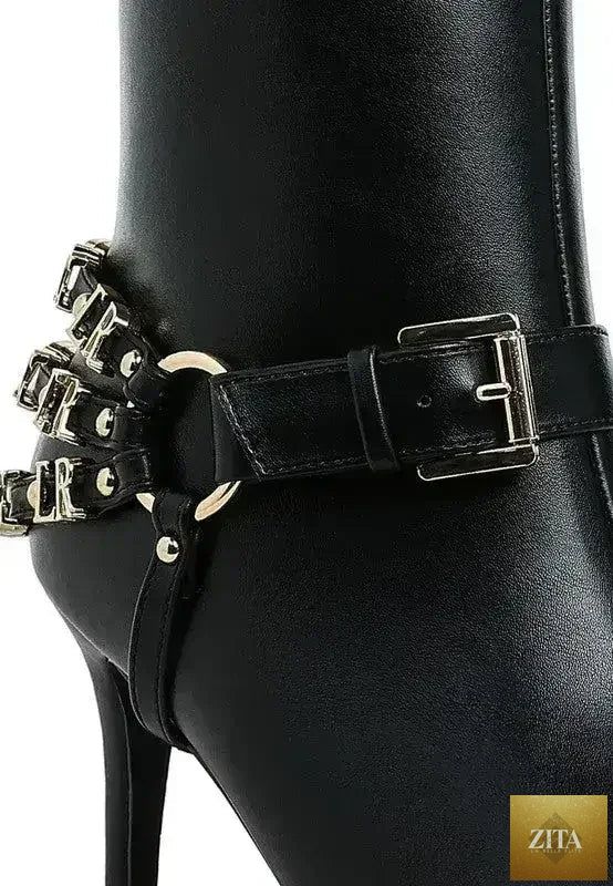 Femstylo Buckle Harness Stiletto Boots with 3-inch heels, featuring stylish buckle details and sleek footwear design.