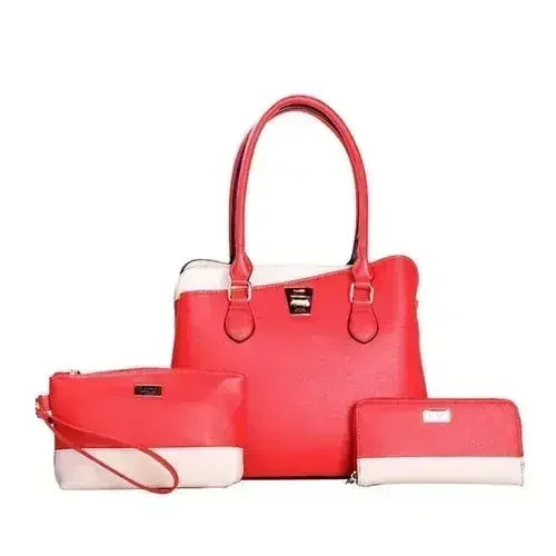 Femstylo LANY Colorblock bag set with three wallets and pouches, featuring vibrant colorblock designs and stylish handbag details.