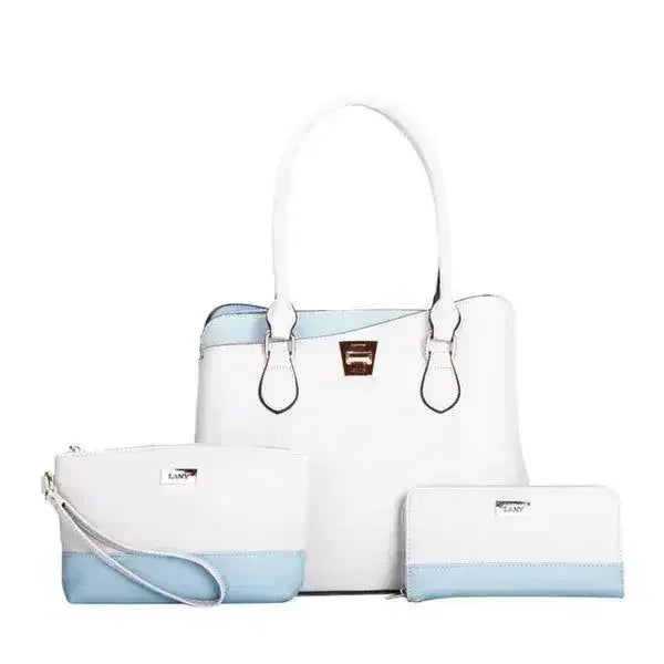 Femstylo LANY Colorblock bag set with three wallets and pouches, featuring vibrant colorblock design and stylish handbag accessories.