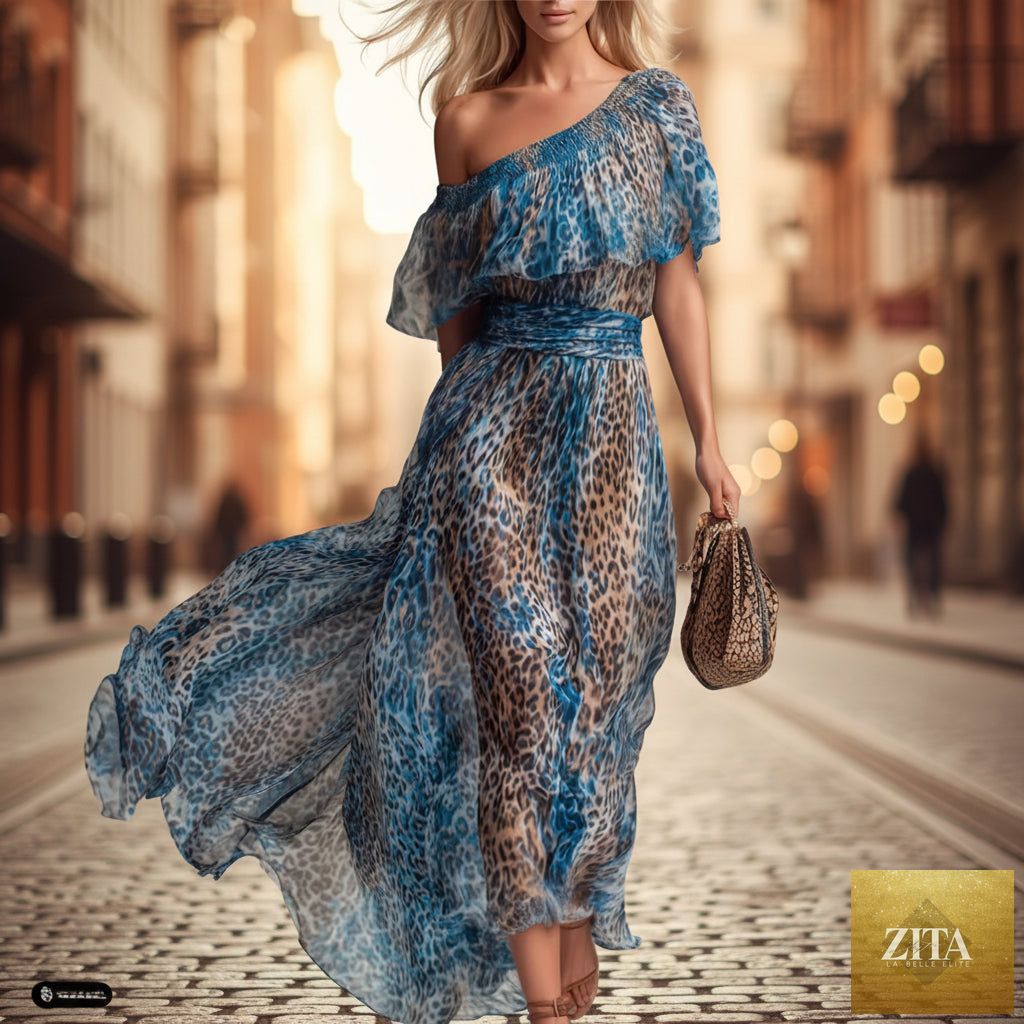 Peacock blue leopard print chiffon off-shoulder boho A-line dress from FitiqueFit, casualwear with a flowy, stylish design.