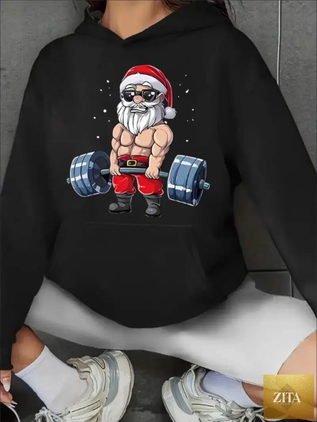 Women’s Santa Claus Christmas hoodie from FitiqueFit featuring festive holiday design, cozy streetwear style, and red and white accents.