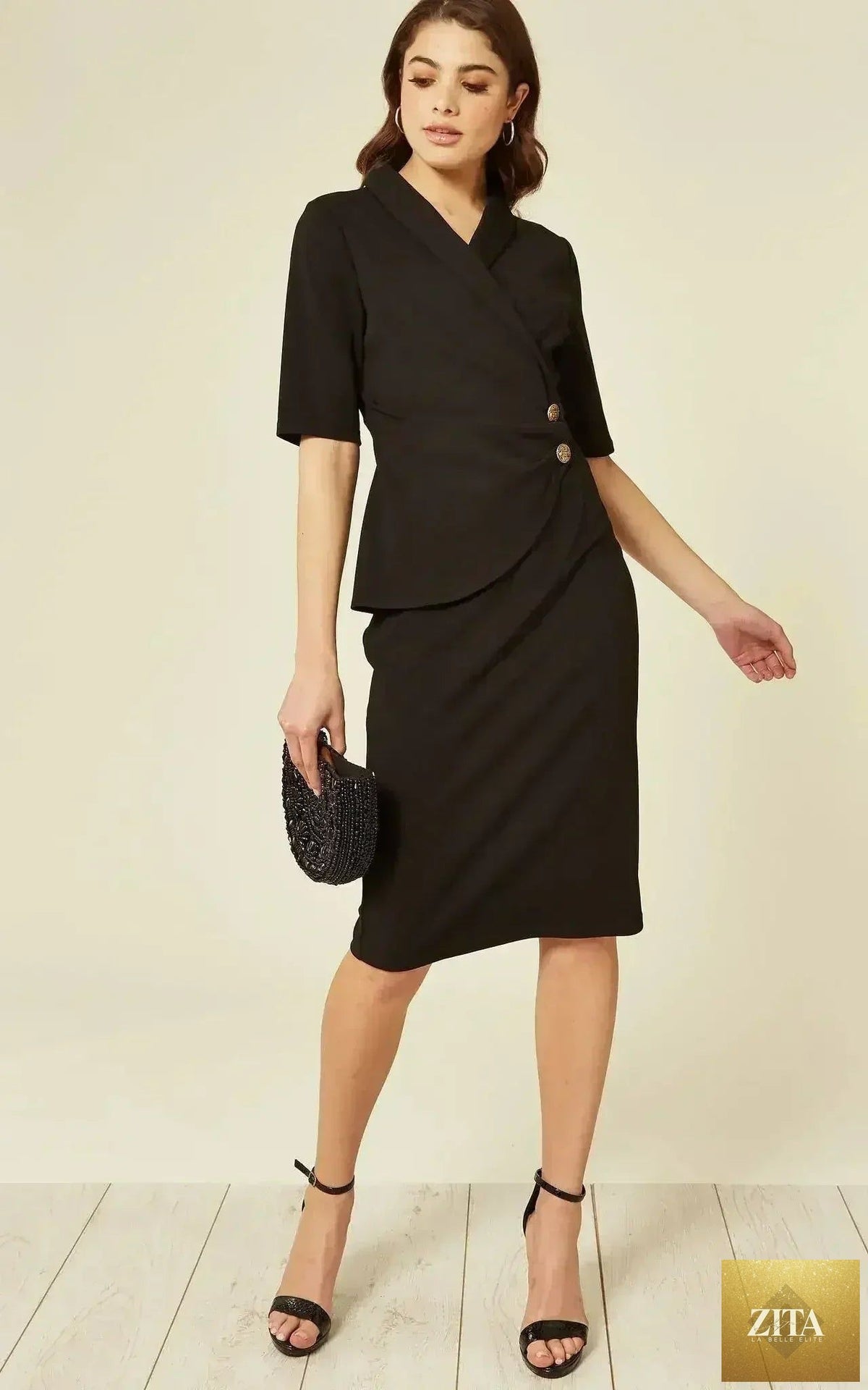 Femstylo Diane Wrap Blazer Dress in black, tailored jacket dress with a sleek wrap design and structured fit.